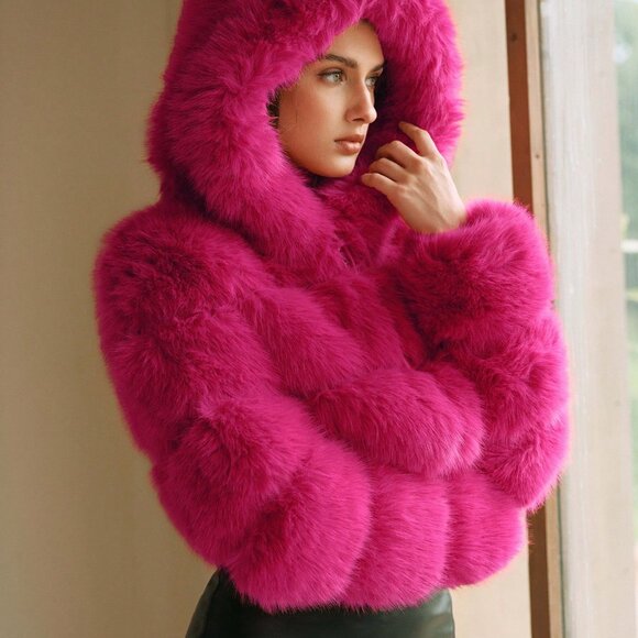 Jackets & Blazers - Hot Pink Glamourous Women's Elegant Faux Fox Fur hooded Coat